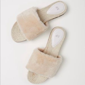H&M Faux Fur Slides, Light Beige & Jute, NEW